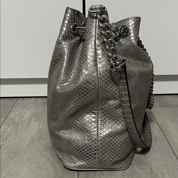 HOSTPICK🩶 Michael Kors Frankie Metallic Silver Leather Snake Print Messenger Bag - Picture 8 of 13
